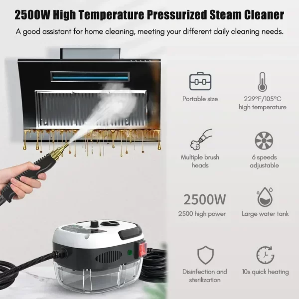 Limpiador a vapor portátil de 2500 W, máquina de lavado a presión con esterilización a alta temperatura para el hogar, el coche, la cocina y el aire acondicionado. - Image 2